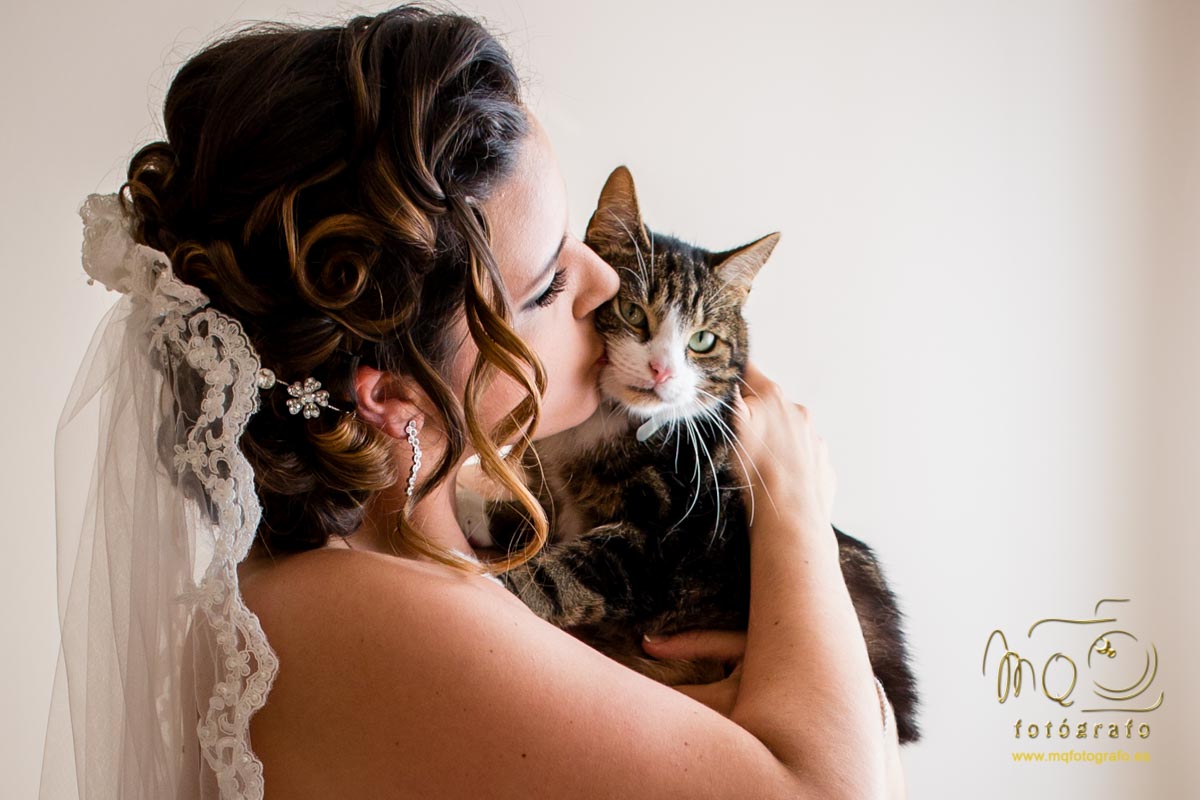 la novia besando a su gato cogido entre los brazos